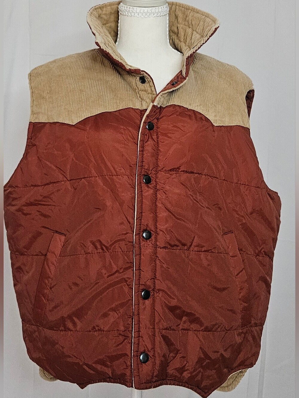 Vintage Reversible Corduroy Puffer Vest Men’s L/XL Rust Tan Western 90s - Picture 3 of 9